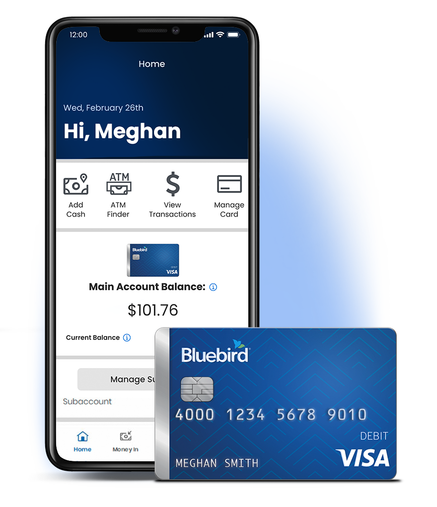 Bluebird Visa card in front of mobile phone on Bluebird mobile app