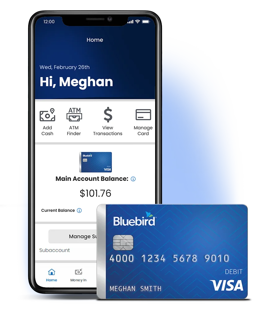 Bluebird Visa card in front of mobile phone on Bluebird mobile app