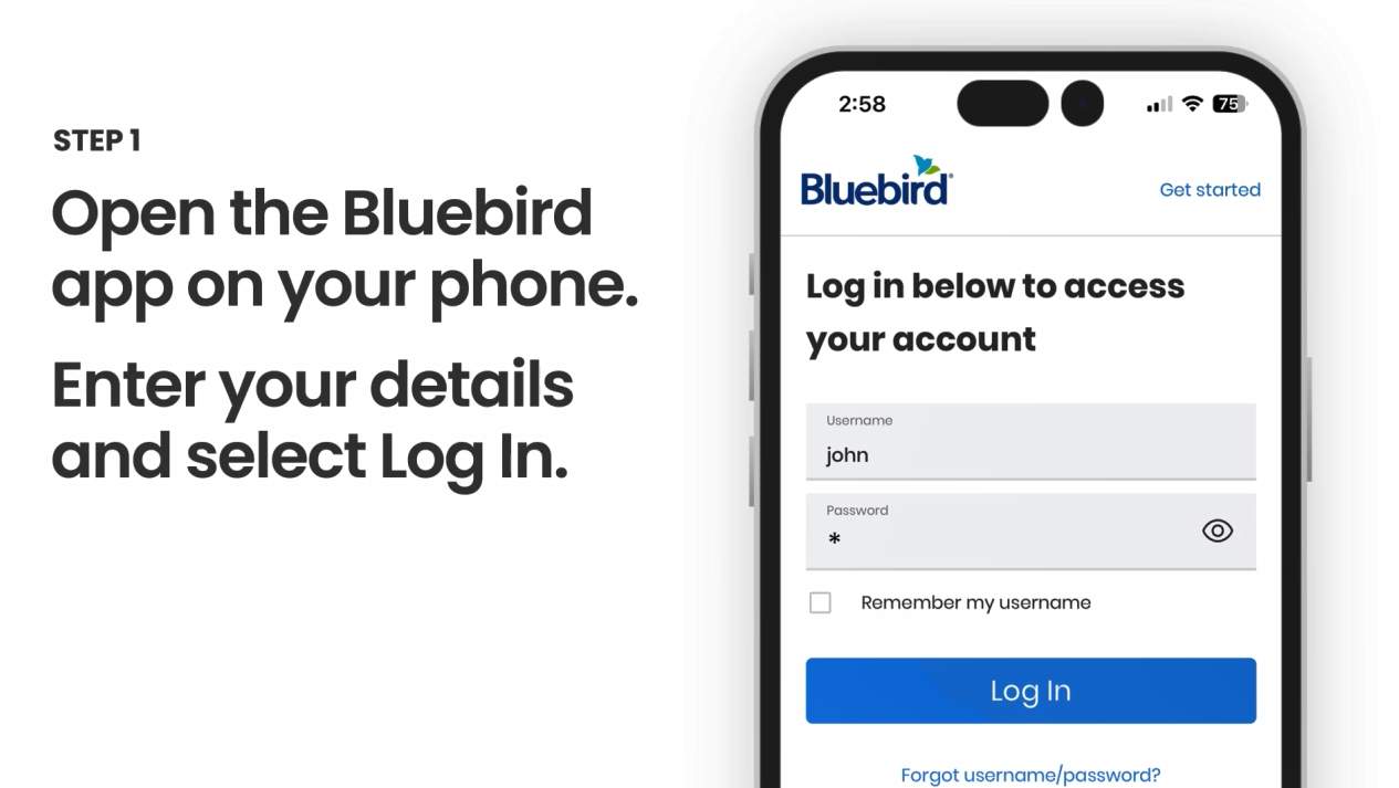 Bluebird Mobile log in screen