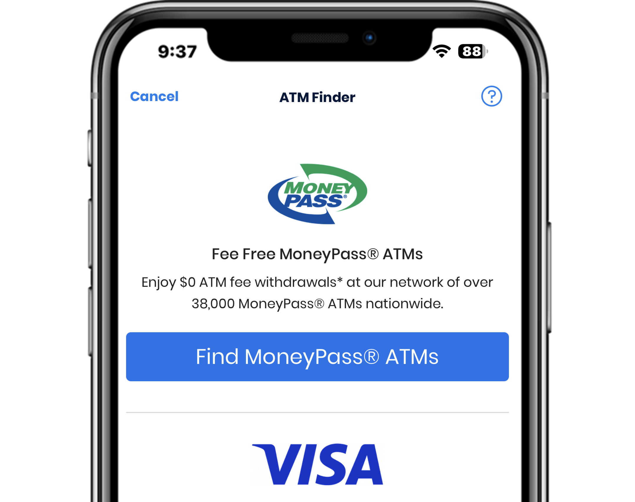 Mobile phone with ATM Finder screen.