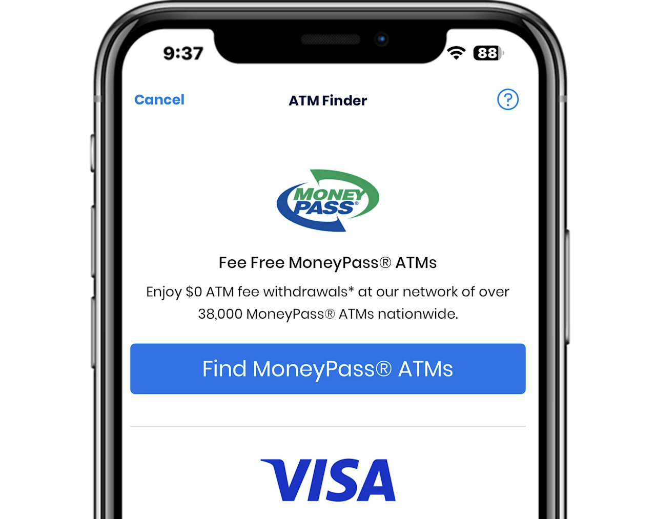 Mobile phone with ATM Finder screen.