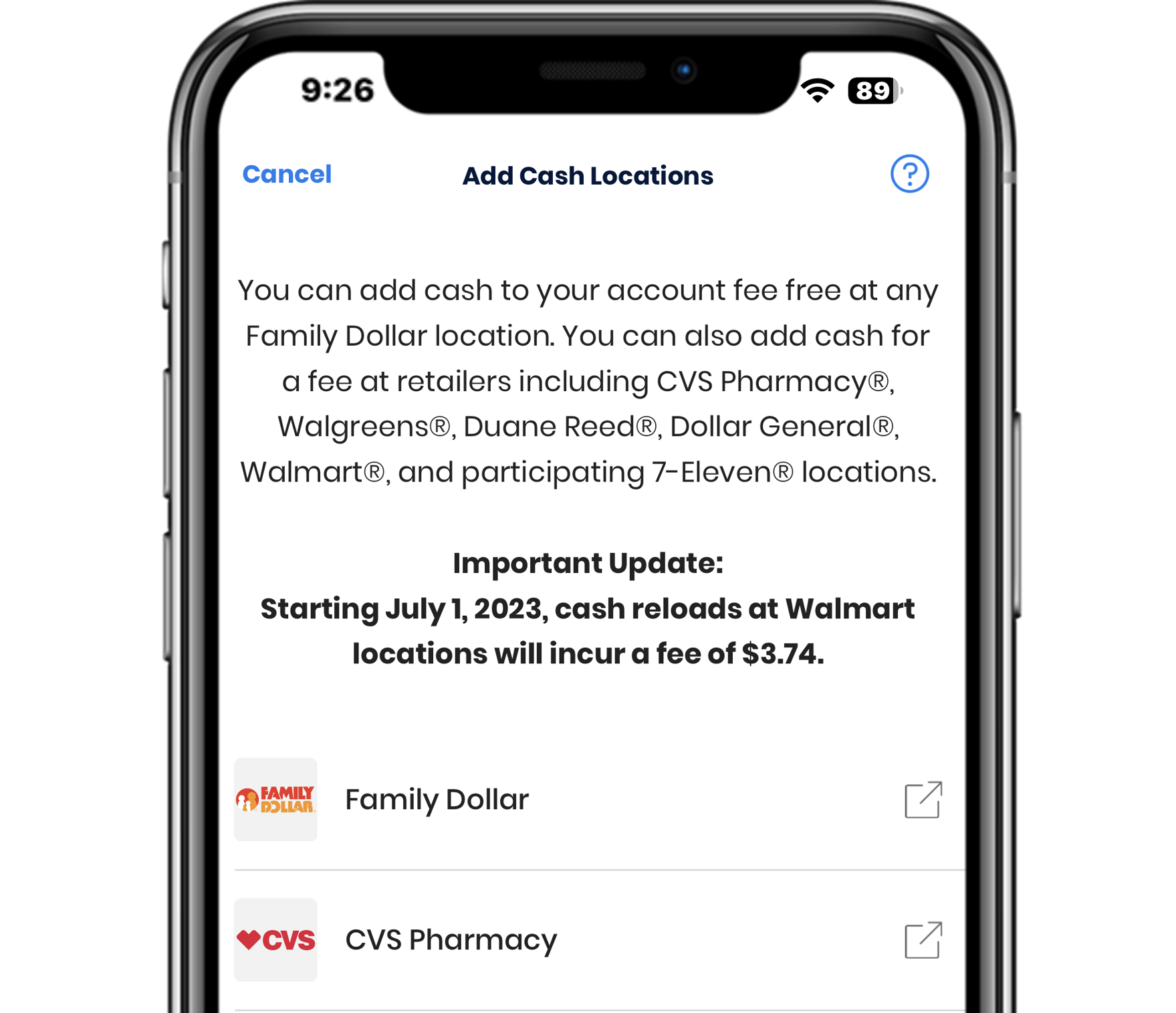 Add Cash Locations screen on a mobile phone.