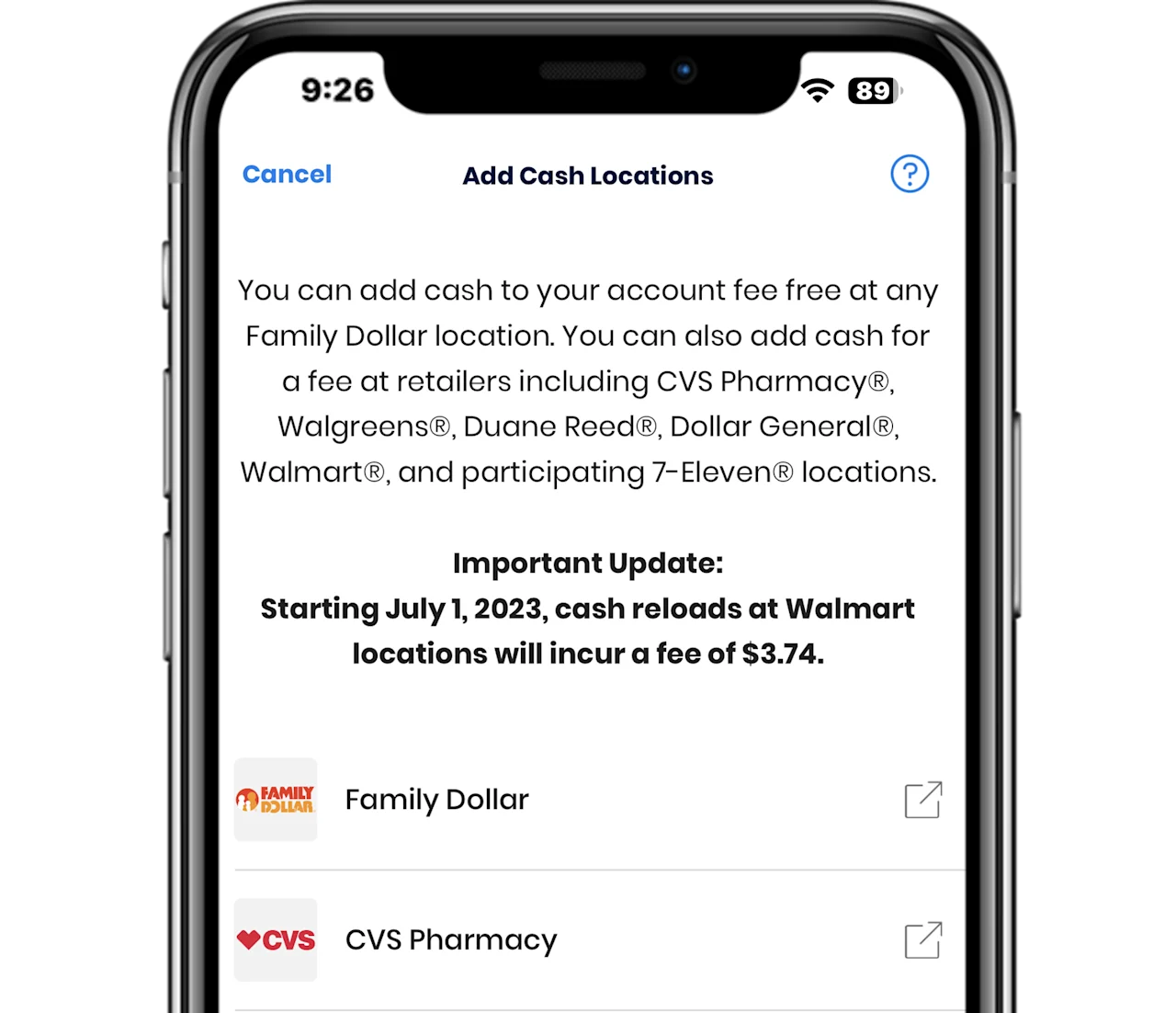 Add Cash Locations screen on a mobile phone.
