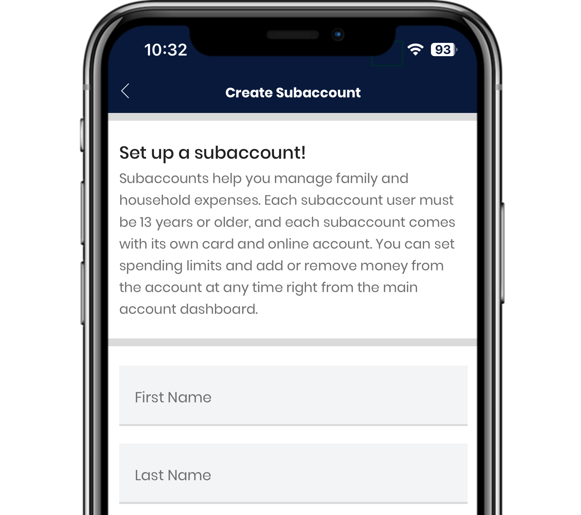 Mobile phone with Create Subaccounts screen