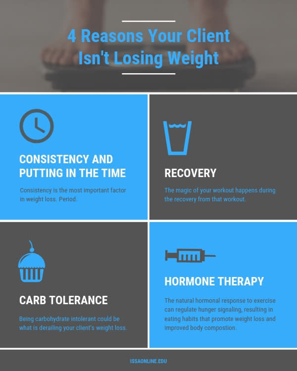 ISSA, International Sports Sciences Association, Certified Personal Trainer, ISSAonline, Nutrition, 4 Reasons Your Client Isn't Losing Weight,Client Handout, Infographic