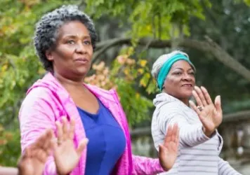 Two mature adults practicing Tai Chi in an outdoor setting