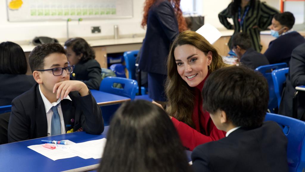 The Duchess of Cambridge speaks to pupils at Nower Hill High School November 2021