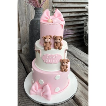Roze dooptaart met Strik, Beertjes en Meisje