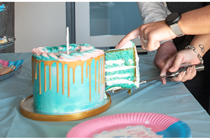 Gender reveal taart met blauwe binnenkant Gender revel drip taart blauw