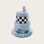 Blauwe taart met een 2D auto erop.
 Blauwe auto taart