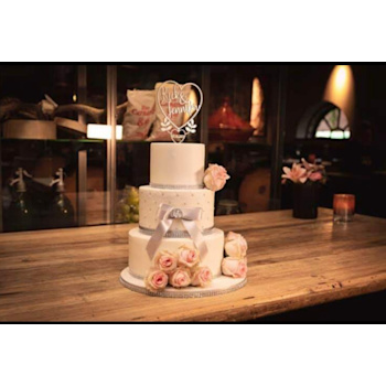Bruidstaart met prachtige strik en echte rozen. De topper is optioneel. Bruidstaart