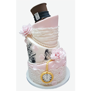 Een mooie topsy turvy bruidstaart in Alice in Wonderland thema Topsy Turvy Bruidstaart