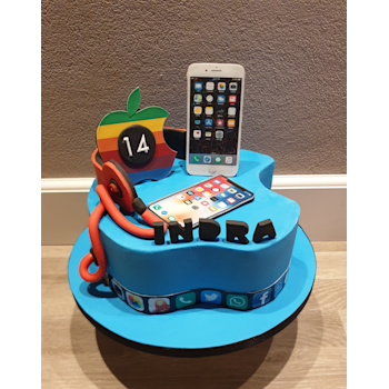 Hippe taart met print van een telefoon, koptelefoon en appel. Appel taart