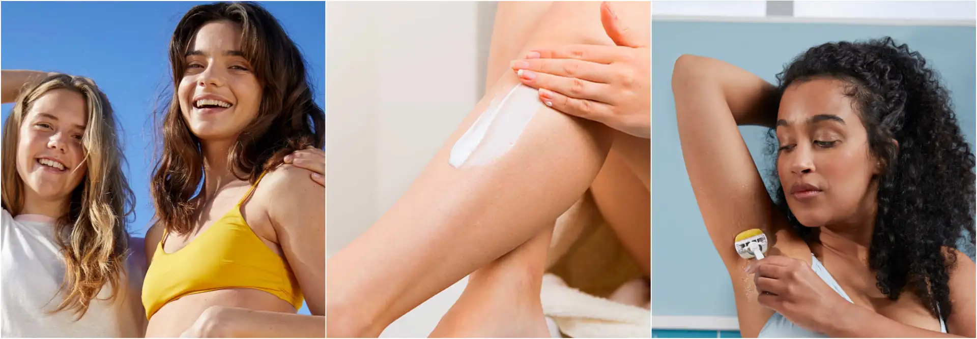 Collage of a woman smiling, woman putting shave gel on her leg and a woman shaving her underarm