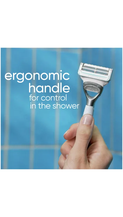 Benefit of an ergonomic handle pointed out on the Venus Bikini Skin Care razor