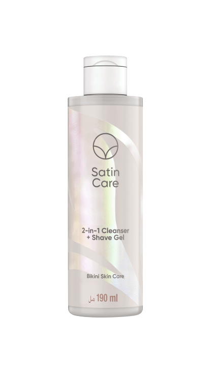 A 190ml bottle of Satin Care 2-in-1 Cleanser and Shave Gel in champagne color