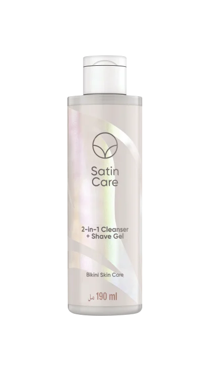 A 190ml bottle of Satin Care 2-in-1 Cleanser and Shave Gel in champagne color