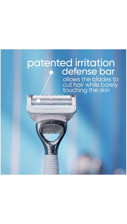 Benefit of a patented irritation defense bar pointed out on the Venus Bikini Skin Care razor