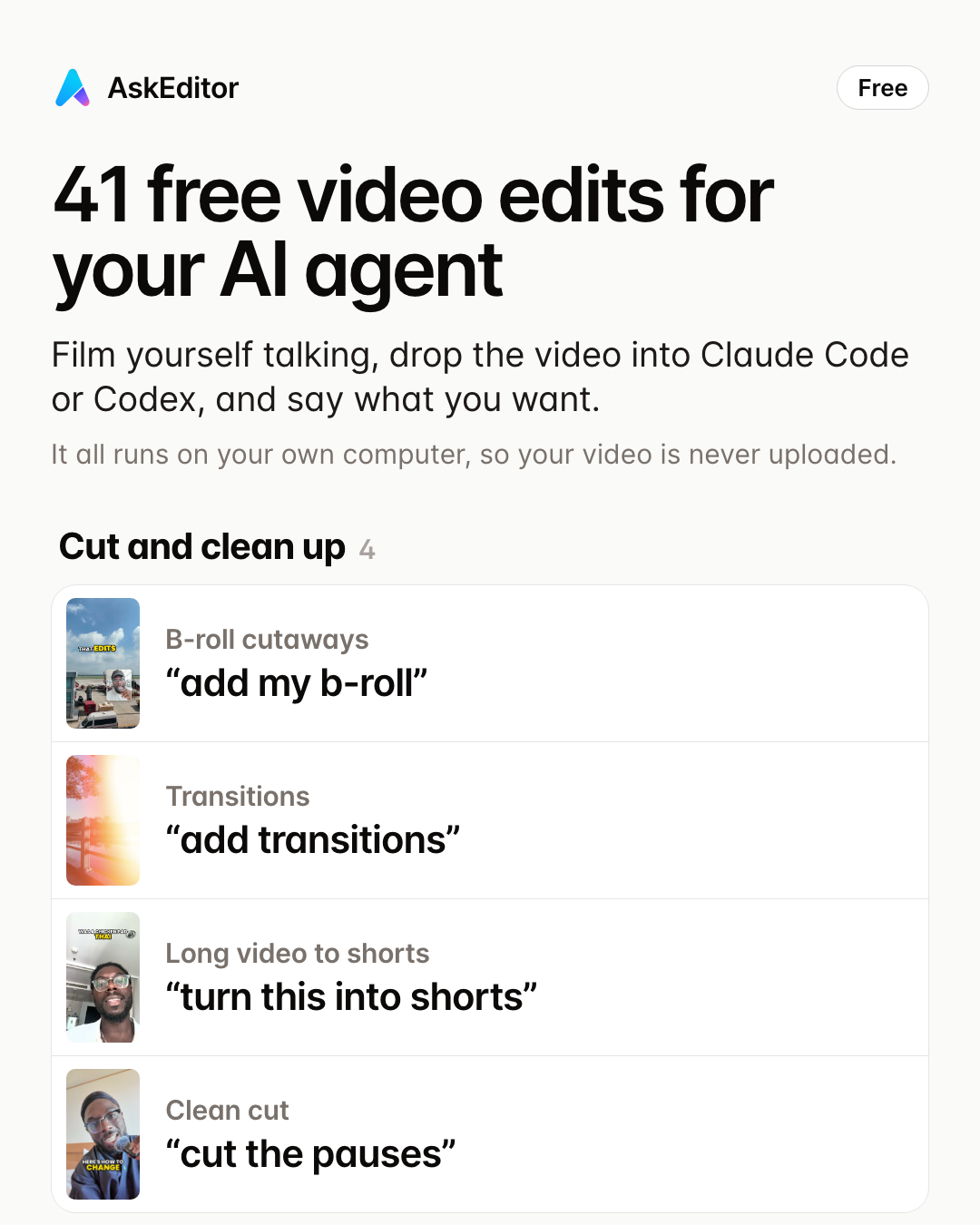 The cheat sheet: all 41 free edits and the sentence that makes each one