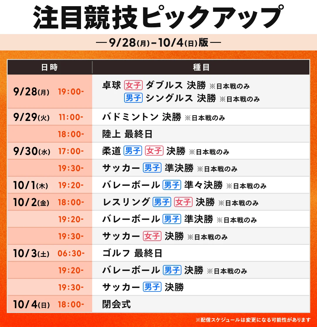 アジア大会最大7競技マルチチャンネルでお届け