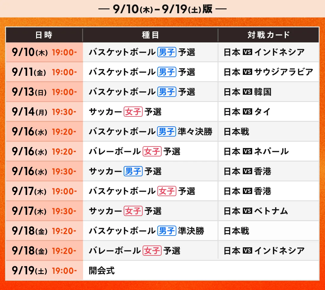 アジア大会最大7競技マルチチャンネルでお届け
