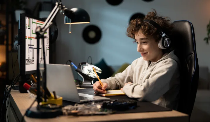 A happy teenager drawing in a notebook while looking at his laptop