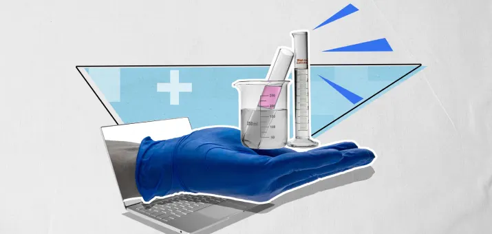 A disembodied hand holding a beaker out of a laptop screen