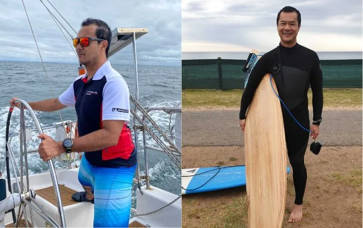 Burim driving a speed boat and Burim with his surfboard