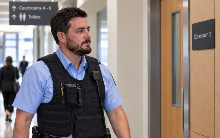 A male court officer striding into a courtroom