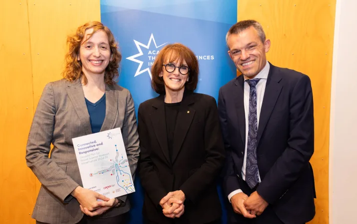 Dr Isabel Ceron and Dr Cathy Foley, with the CEO of the Academy of the Social Sciences in Australia Dr Chris Hatherly