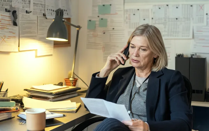 A woman reviewing case documents while speaking on the phone in an investigation office.