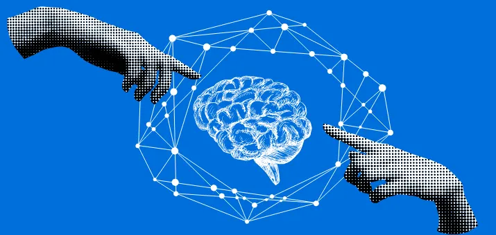 Disembodied hands pointing to an illustration of a brain
