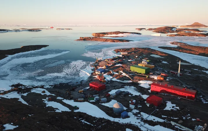 An aerial view of icy Mawson Station in Antarctica