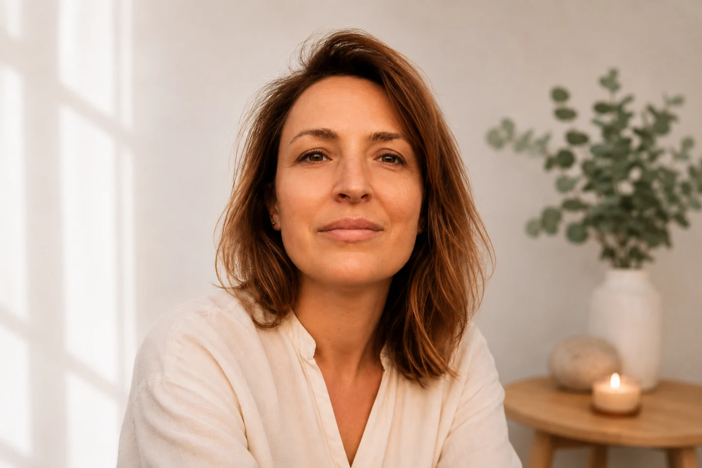 Woman with serious expression making eye contact 