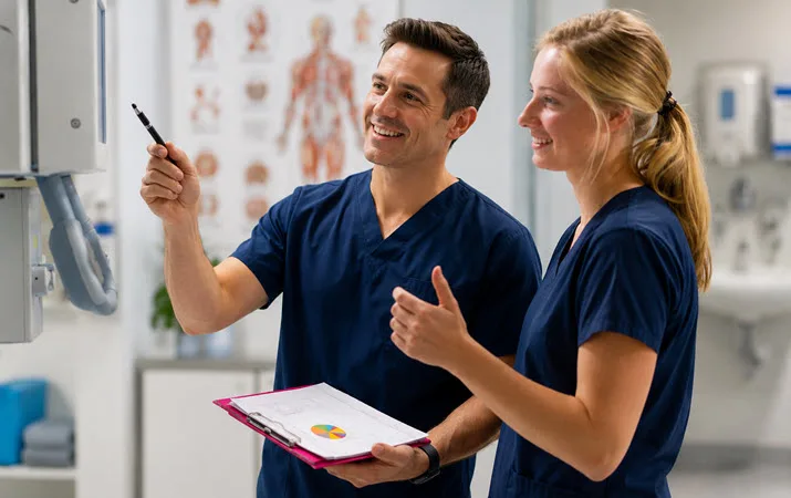 Two health professionals consulting over a large piece of medical equipment in a clinical setting.