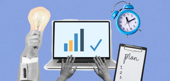 A collage of a lightbulb, a laptop, an alarm clock and a planning document on a clipboard