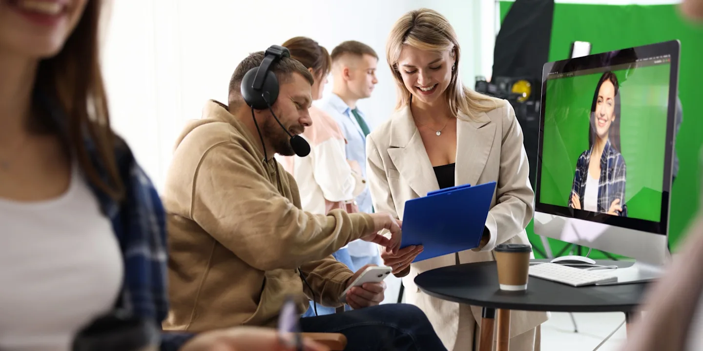 A director collaborating with an assistant on a video set with green screen filming taking place.