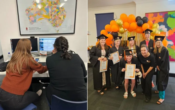 Two photos side-by-side of students from Goulbourne Regional university Study Hub. Two students studying at a computer and a group of students in graduation gowns.