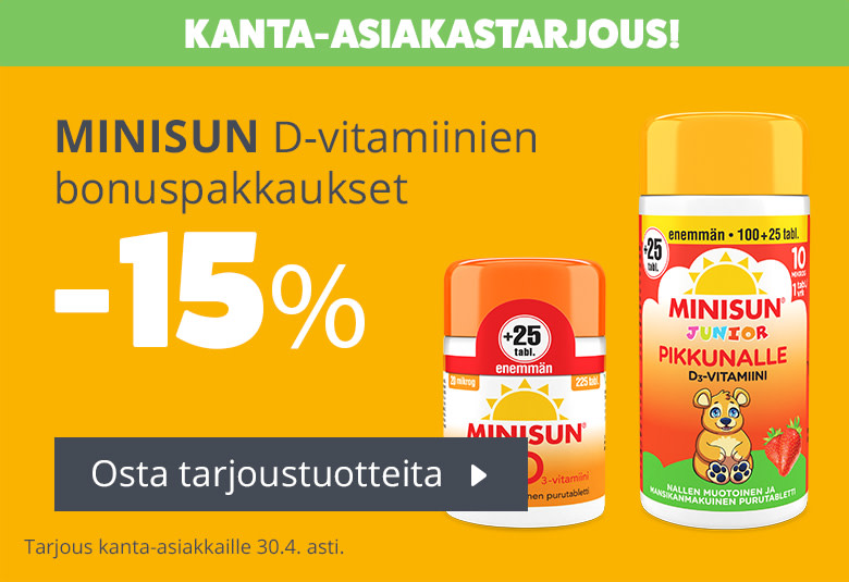 Huhtikuun kanta-asiakastarjous | Minisun D-vitamiinien bonuspakkaukset -15 %