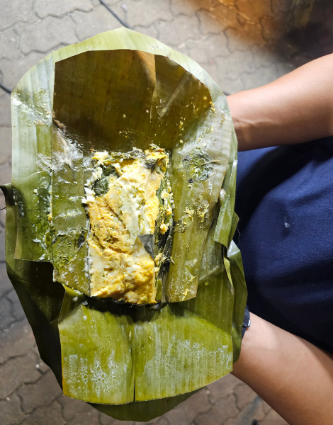 Fish curry custard mok pla wrapped in banana leaves