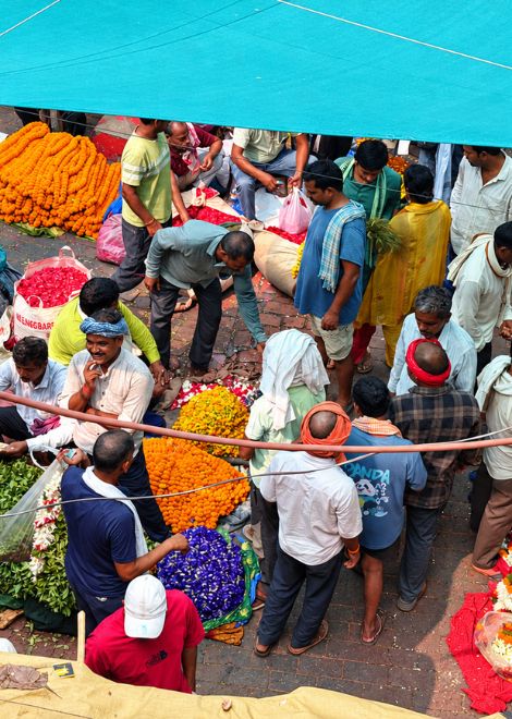 Mountains of marigolds at the Phool Bazar flower market.
