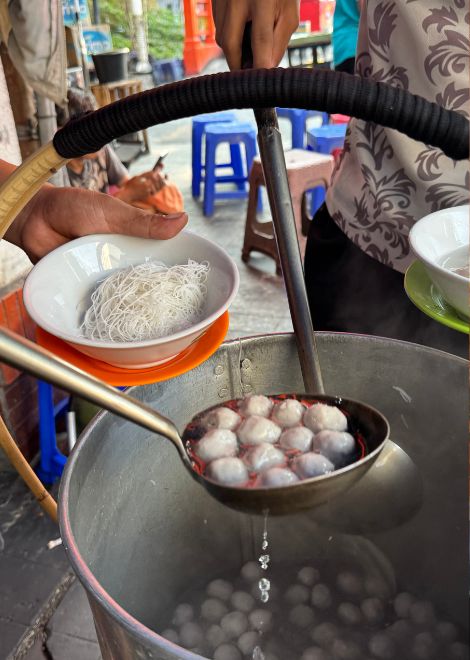 Freshly made bakso served in a rich, aromatic broth.