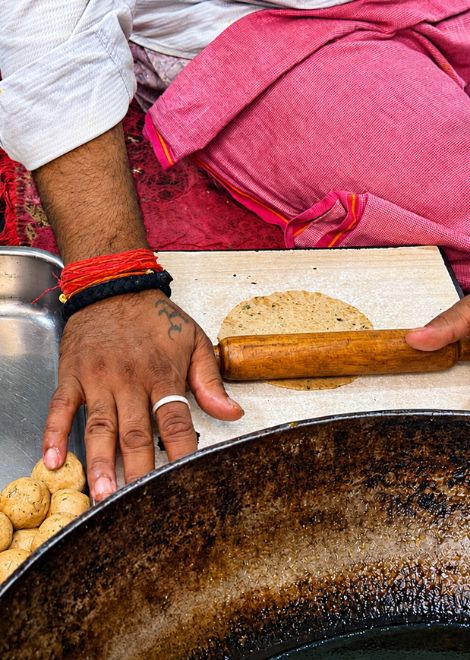 Kachori dough rolled out by hand, just as it has been for generations.