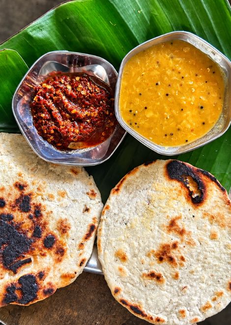 Warm coconut roti served with fiery katta sambol.