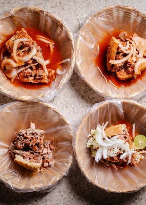 Torta Ahogada drowned in spicy tomato sauce, a Guadalajara classic