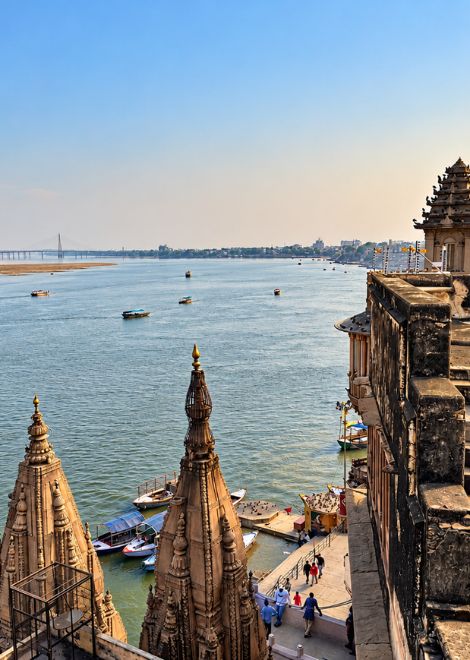 Temple spires and the Ganges stretching to the horizon.