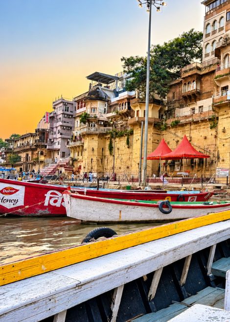 The ghats glow as golden hour settles over Varanasi.