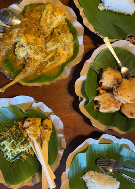 Slow-cooked ayam betutu, smoky fish sate lilit and stuffed fried tofu.