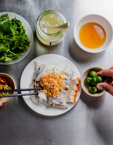 Freshly-made banh cuon pancakes with a dash of lime