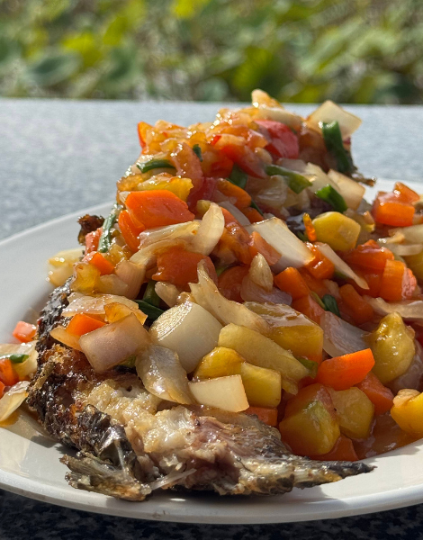 Grilled snakefish with sweet and sour glaze